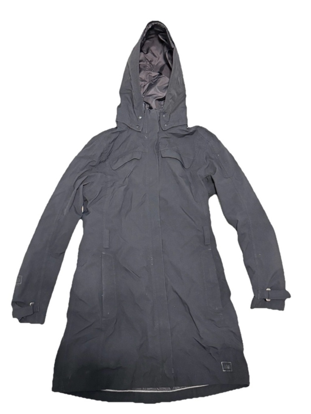REI Coat Womens Medium Black Hooded Rain Coat Full Zip Lined Pockets Outdoor